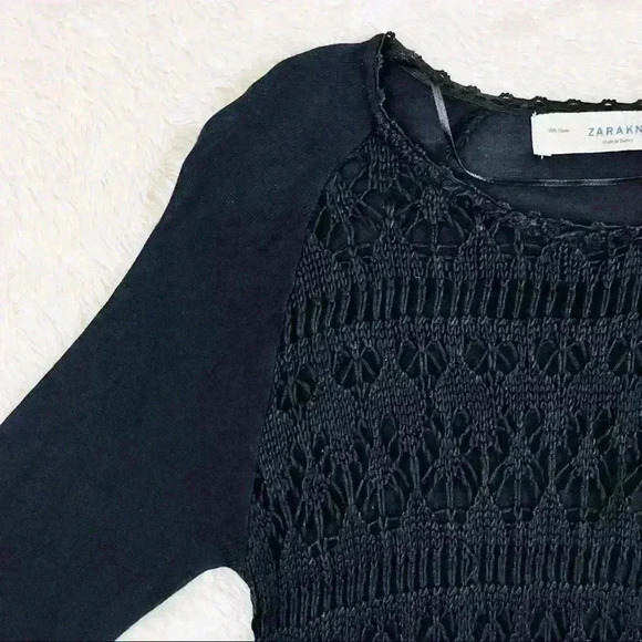 Zara Knit Black High Low 3/4 Sleeve Crochet Blouse Size M - Picture 3 of 11
